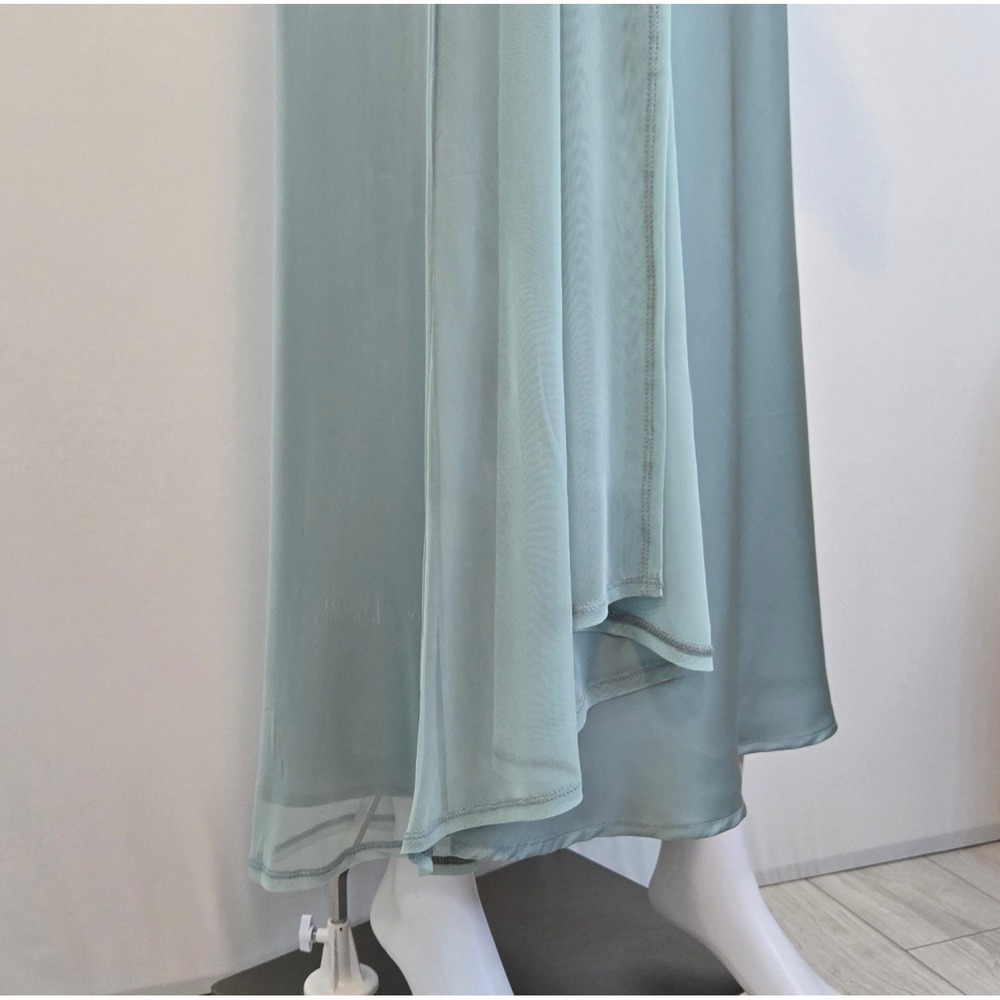 Women Sage Green Satin Cowl Neck Slip Dress and Mesh Duster Set Large - Picture 5 of 12